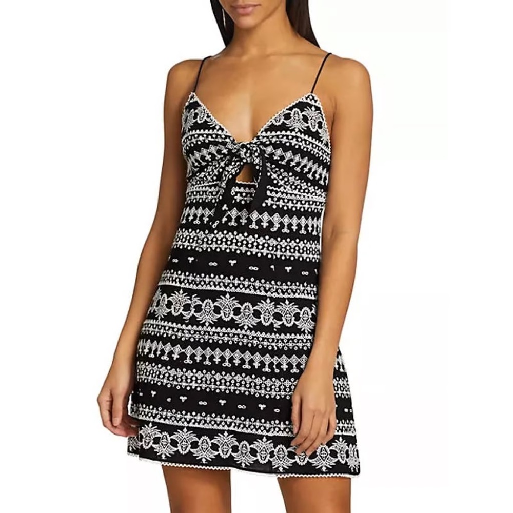 Alice + Olivia Roe Embroidered Tie-Front Mini Dress